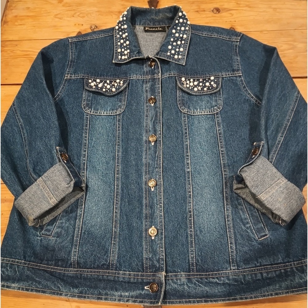 Frazzle Women's Pearl & Rhinestone Studded Trucker Jean Jacket XL